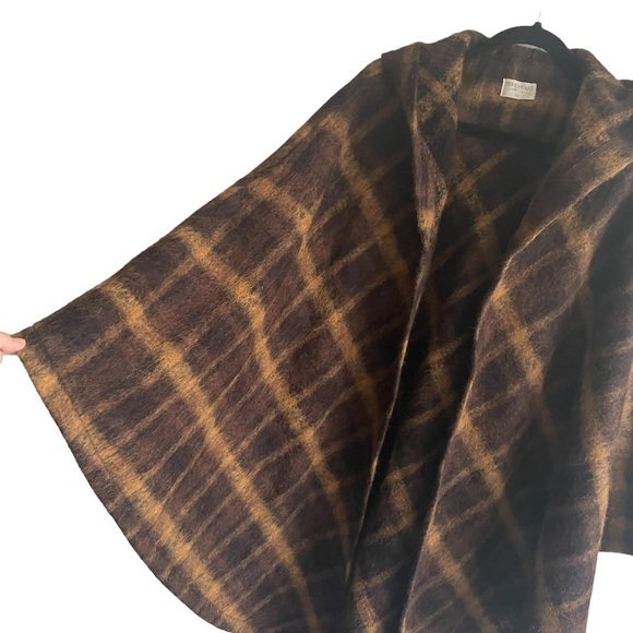 TERRAWARE Earth Aware Plaid Wool Cashmere Hooded Poncho Wrap Jacket Coat Brown M - Picture 3 of 11